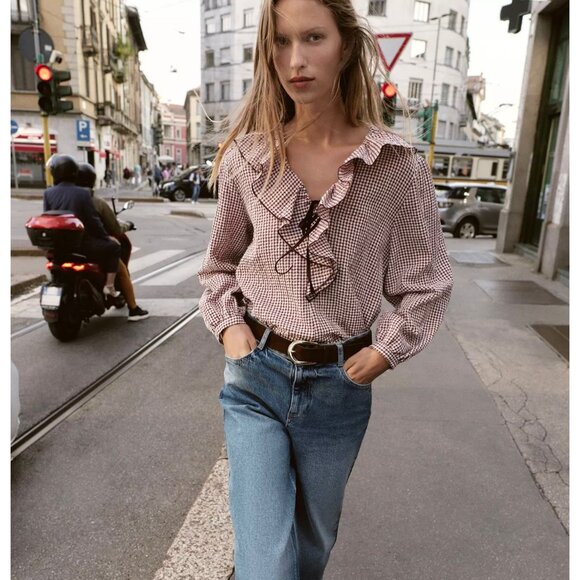 Zara Tops - Zara Plaid Ruffle Bow Blouse – XL – NWT – Bordeaux/Ecru